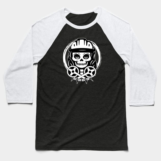 Bike Messenger Skull and Crossed Peddles White Logo Baseball T-Shirt by Nuletto